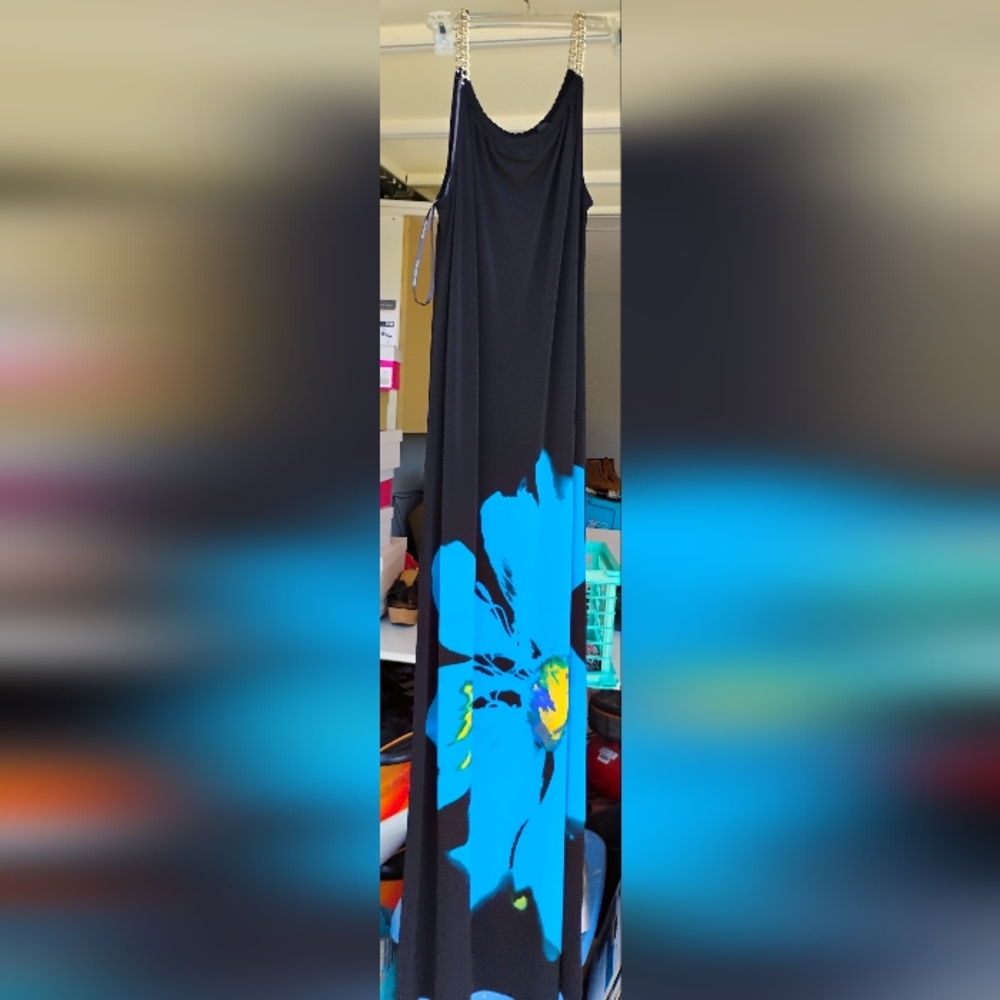 Nina Leonard Black and Blue Floral Maxi Skirt